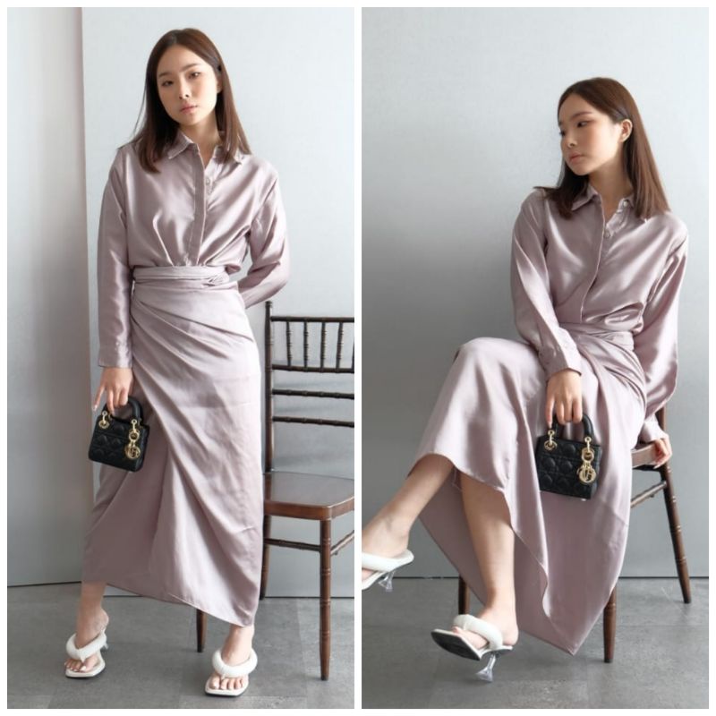 ❣️SPECIAL PRICE ♡ PREMIUM ♡ ORIGINAL ! CHRISTLE 2 IN 1 SET LONG SLEEVE COLLAR BUTTON WRAP MAXI  GAMIS / SETELAN KEMEJA &amp; ROK LILIT ( BUSUI &amp; HIJAB FRIENDLY )