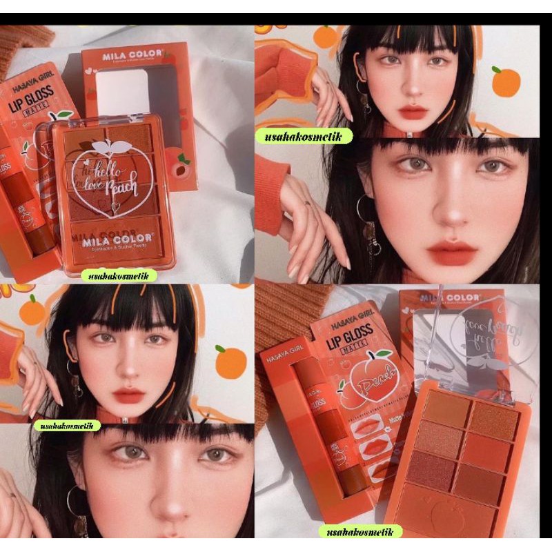 PROMO MAKEUP SET THAILAND LIPGLOSS 3 WARNA DAN EYESHADOW LOVE PEACH MILA COLOR