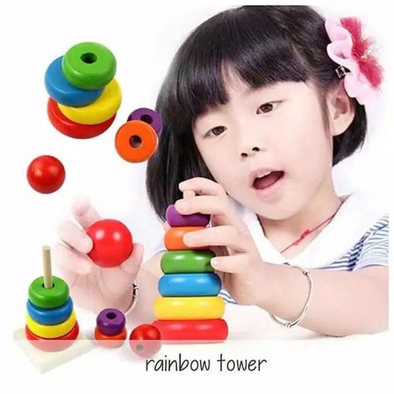 Puzzle Kayu Rainbow Tower Menara Pelangi Ring Donat Kayu