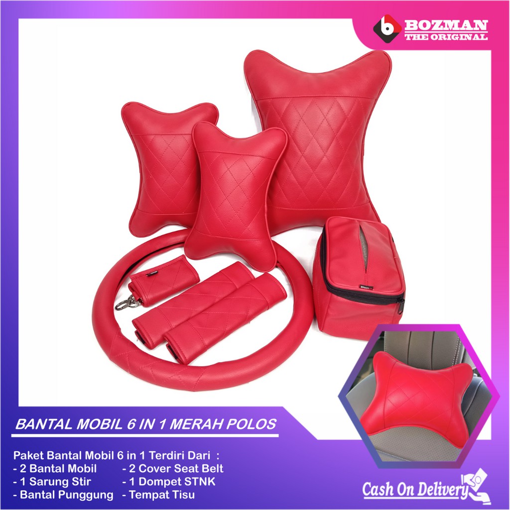 Set Bantal Mobil 6 in 1 Bantal Mobil Seatbelt Sarung Stir Dompet STNK Bantal Pinggang Tempat Tissue Premium