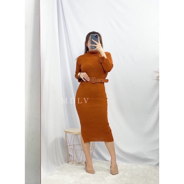 MDLV ~ BAJU RAJUT DRESS LP BELT ( FREE BELT) // KNIT LONG DRESS // DRESS RAJUT LENGAN PANJANG