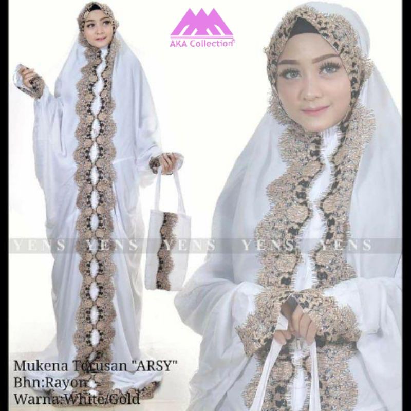 MUKENA TERUSAN RENDA DUBAI PUTIH ARSY YENS KATUN RAYON GOLD JANGER BALI DEWASA JUMBO