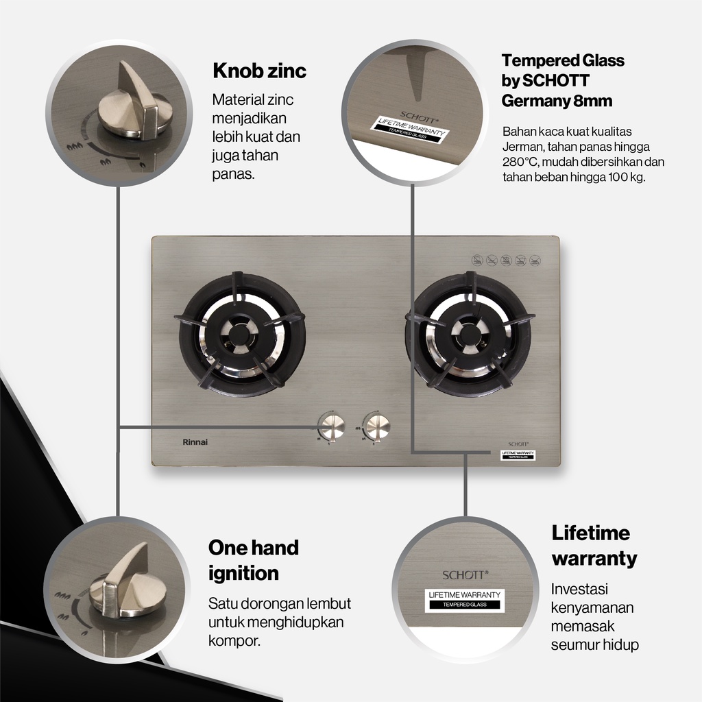 Kompor Gas Tanam 2 Tungku Rinnai RB 2 GH C Banyak Pilihan Warna Kaca