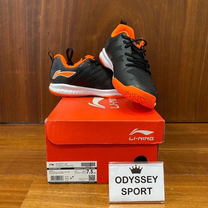 Sepatu Badminton Lining Gyrfalcon II TD (S.Black/S.White/F.Oran) ORI - 39 2/3