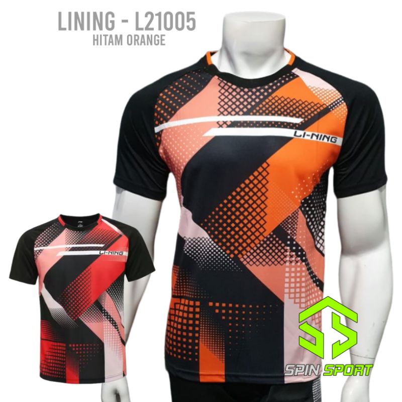 [L21005 Hitam Orange] Kaos Baju Lining Li-Ning Import Premium Badminton Bulutangkis Tenis Meja Pingp