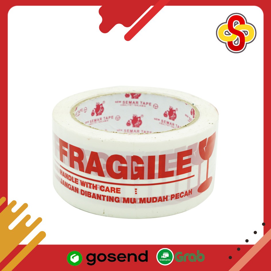 Lakban Semar Fragile Merah &amp; Putih - 2 inch / 48 mm x 90 yard