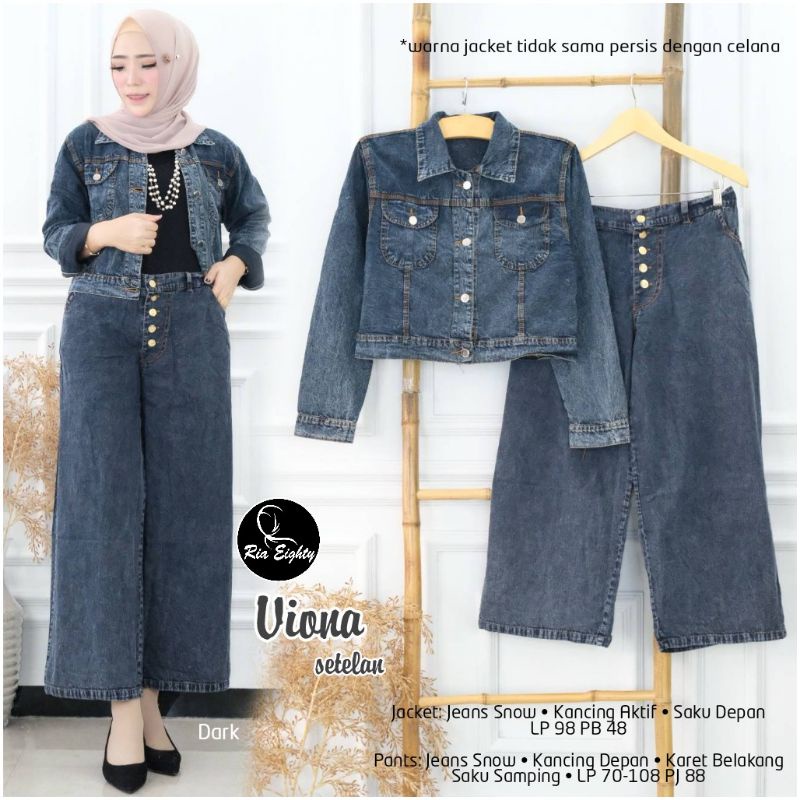 Viona One Set Setelan Celana Kulot Jaket Polos Hitam Jeans Snow Ld 98 Fit XL Kancing By Ria