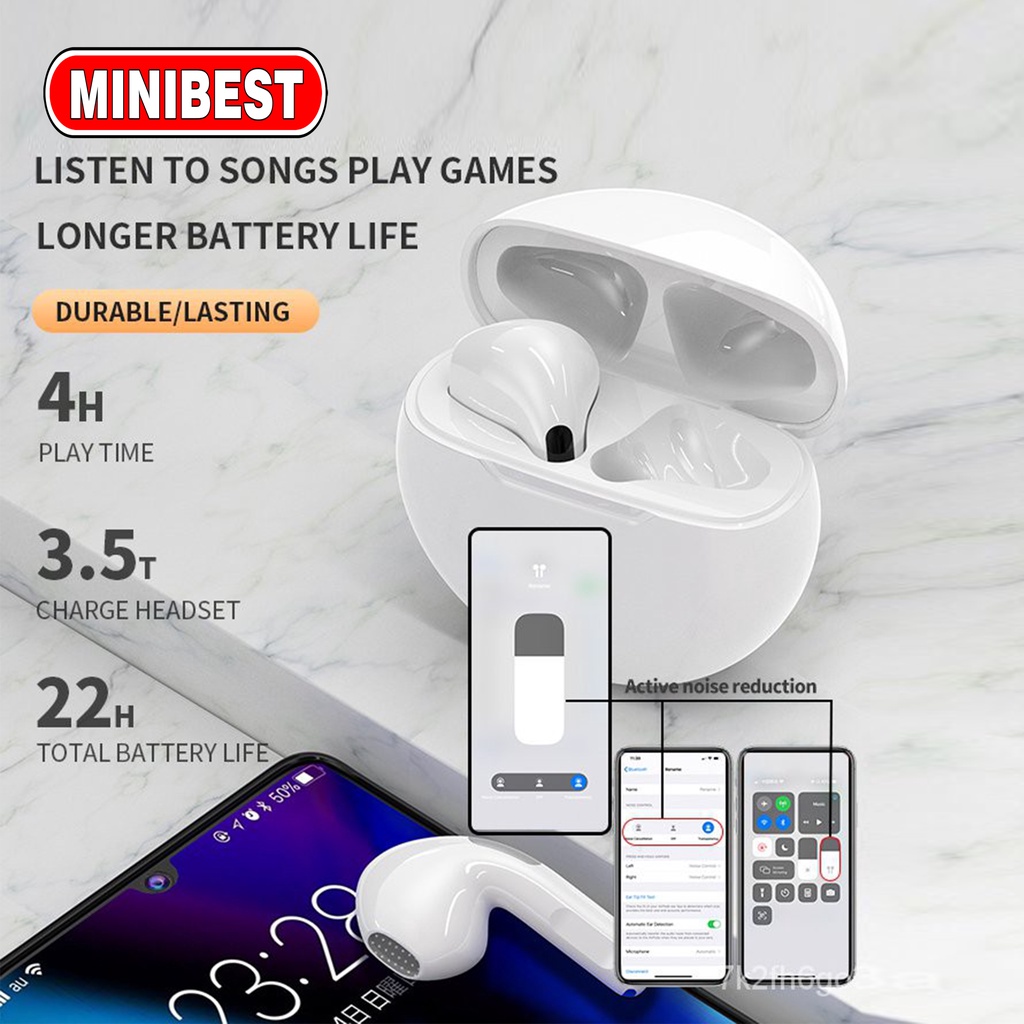 MB MINIBEST TWS Earphone Headset Bluetooth Pro 6 Wireless 5.0 Earbuds Bass Headset Sport