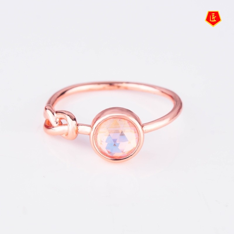 [Ready Stock]Creative Knotted Pink Crystal Moonstone Ring Female 18K Rose Gold