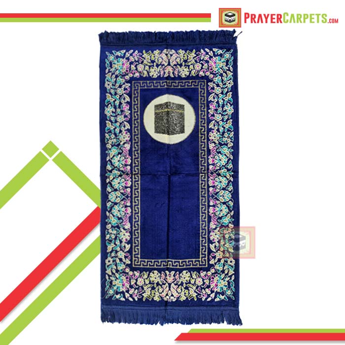 Sajadah Muslim Size 51x102cm Dark Blue Desain Kakbah Dengan Glitter Emas Motif Bunga