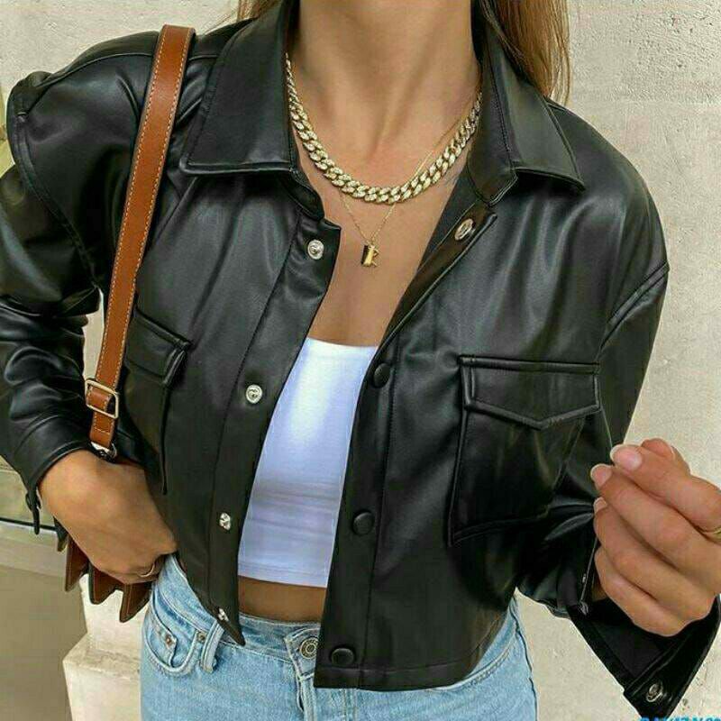 Jaket Semi Kulit Sintetis Viena Lati Premium Crop Top Women Black Hitam Faux Synthetic Leather Jacket Original 100% Genuine Shirt Style Korea Motor Pendek Sedang Branded Elegan Vintage Cewek Terbaru Kekinian Import Dewasa Fashion Outfit Hijab 2023