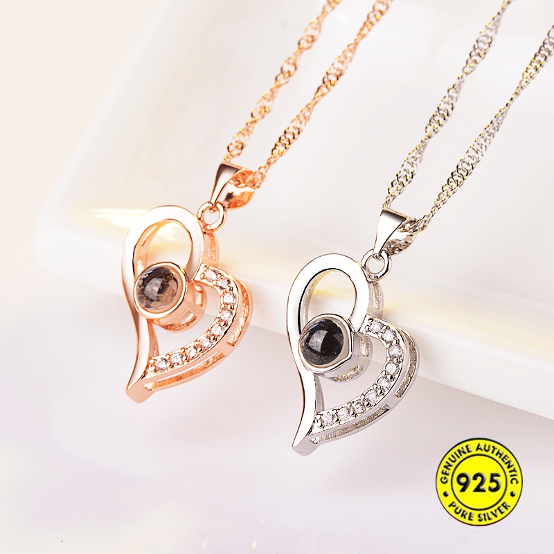 Kalung S925 Sterling Silver Liontin Berlian Bentuk Hati Warna Rose Gold Untuk Wanita