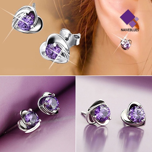 Anting Stud Berlian Imitasi Bentuk Hati Warna Ungu Untuk Wanita