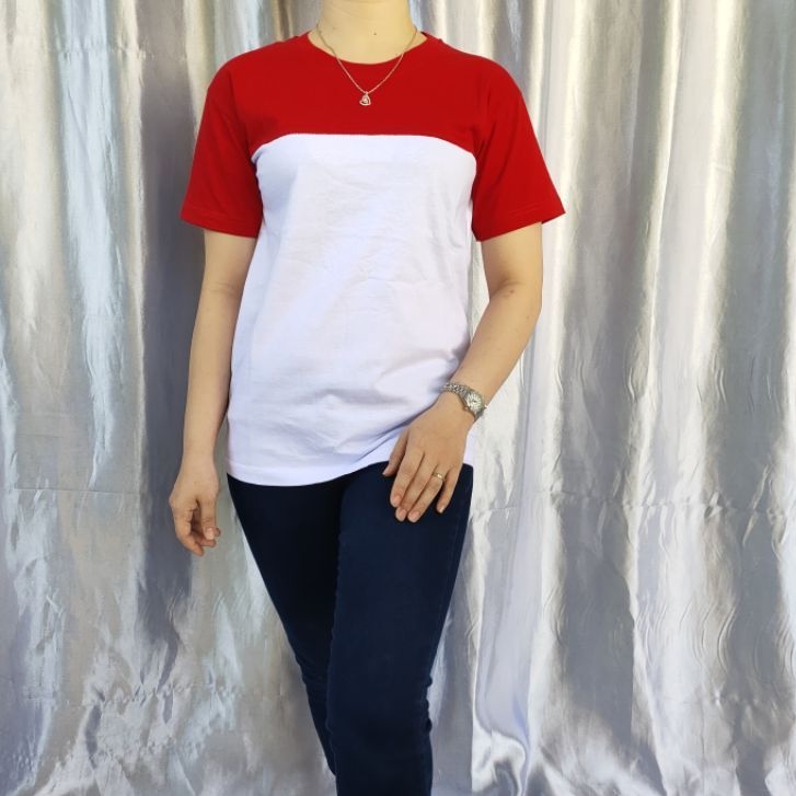 kaos reglan kombinasi MERAH-PUTIH uk M L XL XXL lengan panjang &amp; pendek