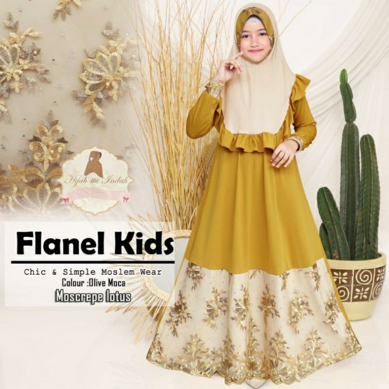 baju muslim anak perempuan gamis anak syari flanel kids tile bordir 9-12 tahun