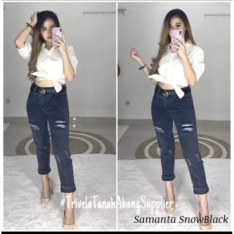 Celana Jeans Boyfriend Samanta Snow Black / Boyfriend Sobek Lapis