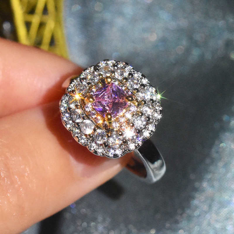 Cincin Wanita Model Terbuka Bentuk Kotak Hias Berlian Imitasi Warna Pink Adjustable Untuk Pernikahan