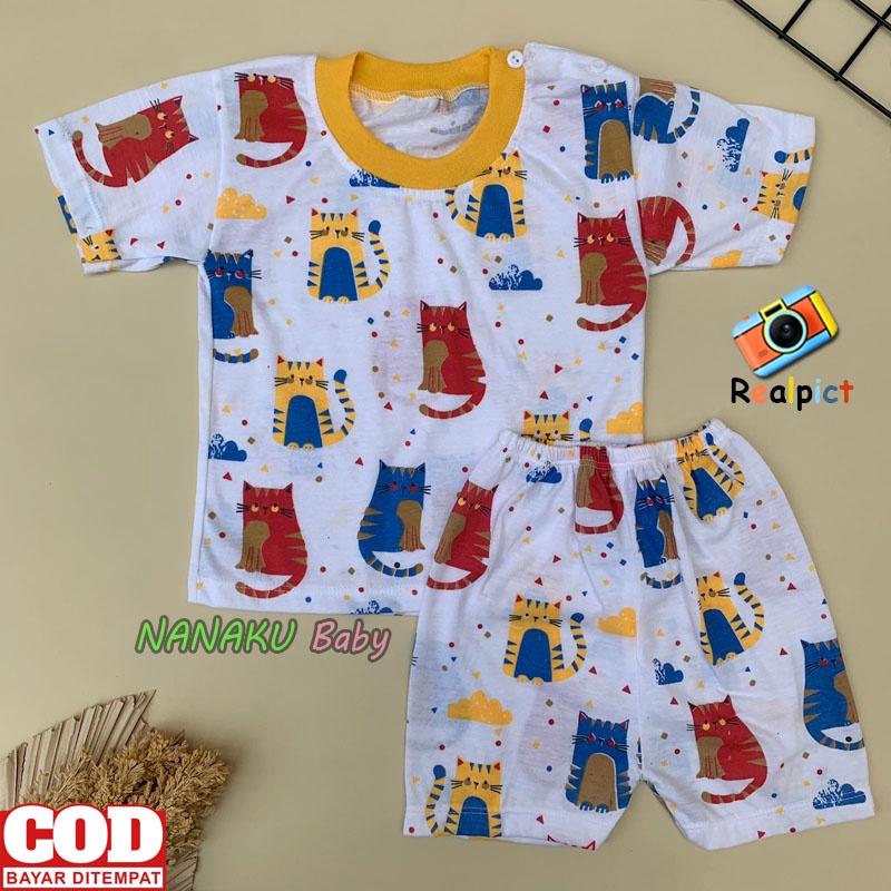 Setelan Baju Bayi Setelan Piyama Bayi Lengan Pendek Kancing Bahu Usia 3-12 Bulan Anababy