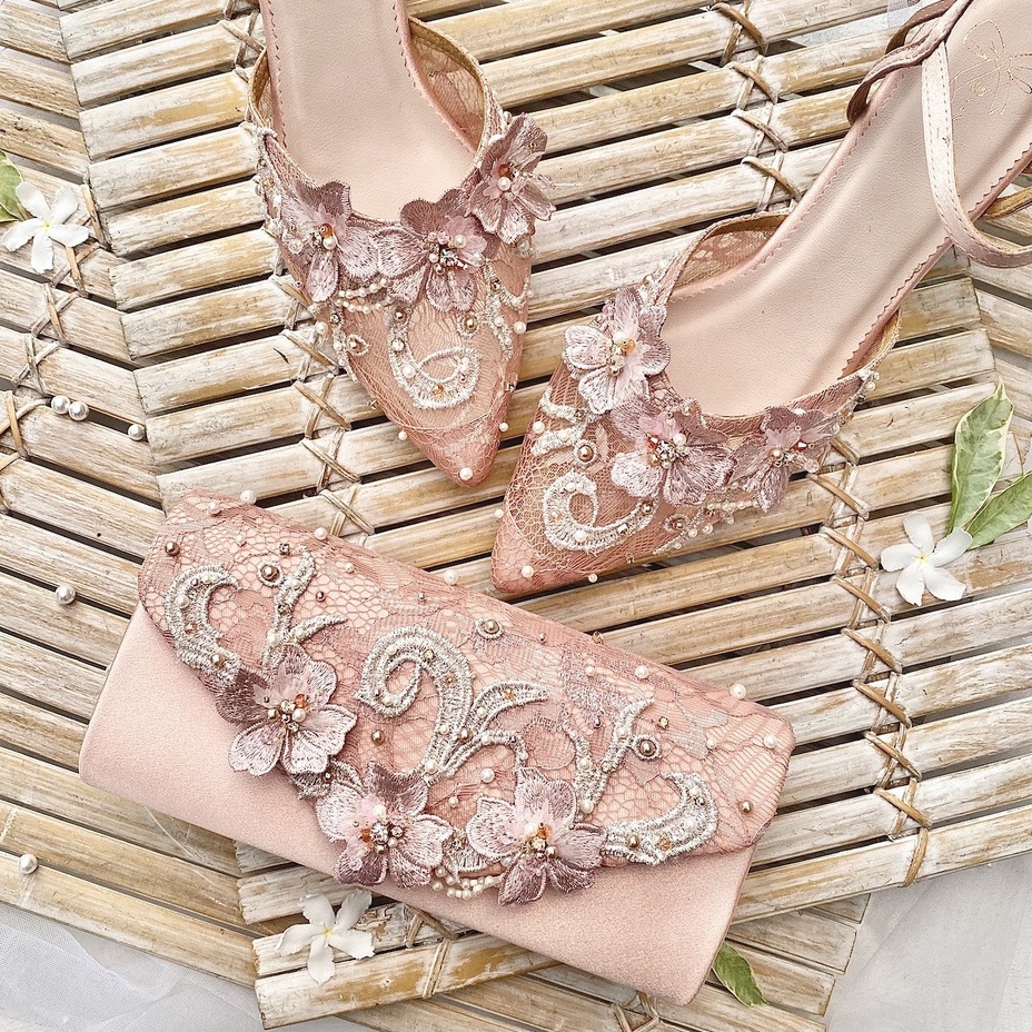 Matching Set Rose Gold Sandal Sepatu Pesta Wanita & Tas Pesta Clutch AVEDA 6460 SALE CUCI GUDANG