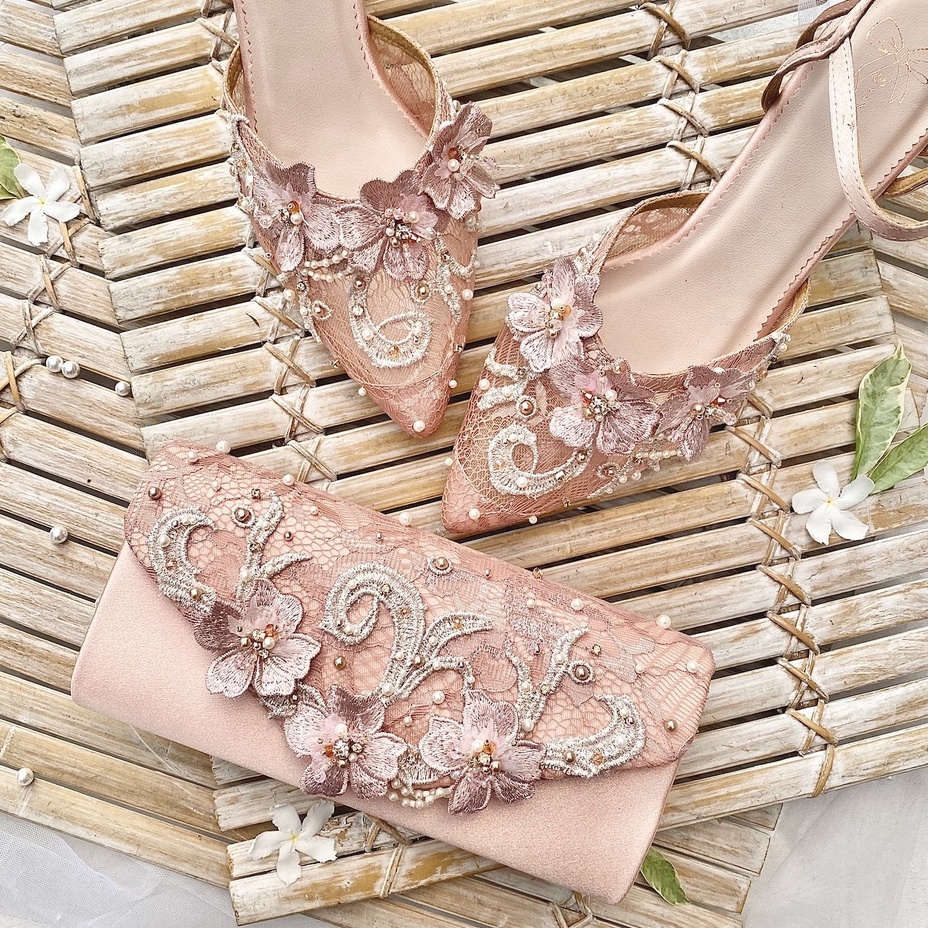 Matching Set Rose Gold Sandal Sepatu Pesta Wanita & Tas Pesta Clutch AVEDA 6460