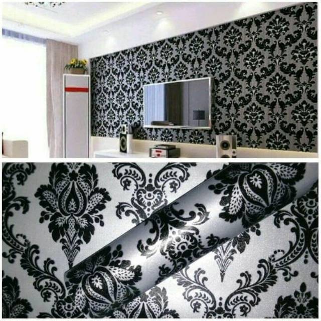 WALLPAPER STICKER DINDING MOTIF BATIK HITAM SILVER