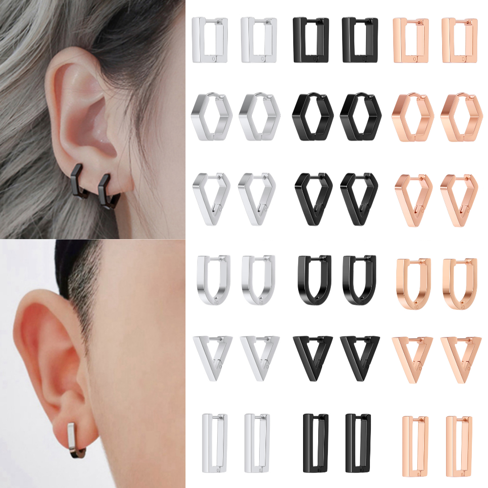 1 Pasang Anting Tindik Bahan Stainless Steel Bentuk Geometri Bulat Persegi Segitiga Gaya Hip Hop