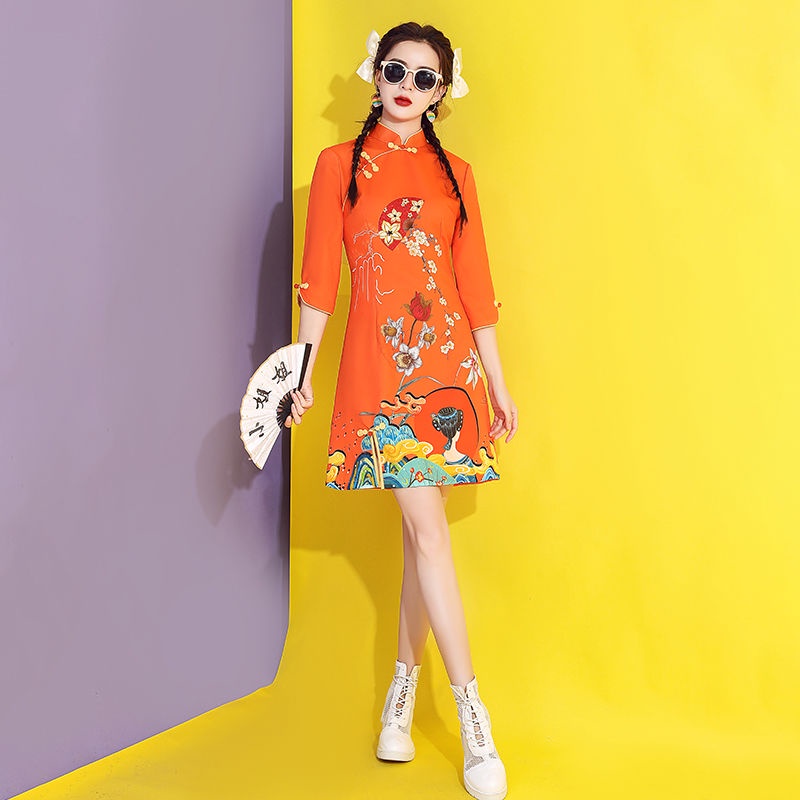 Guochao cheongsam 2023new young spring and autumn orange improved short spring Chinese women's dres