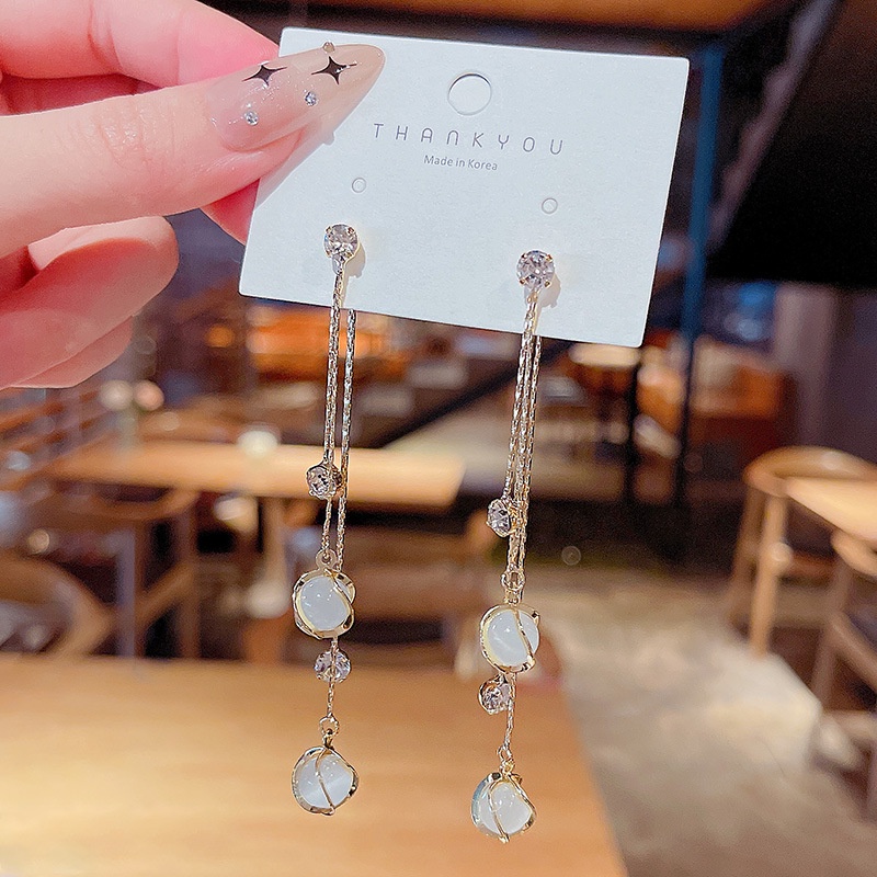 Shuling S925 Silver Needle Korean version Tassel Earrings Fashion Opal Long Earrings Super Cute Zircon Earrings