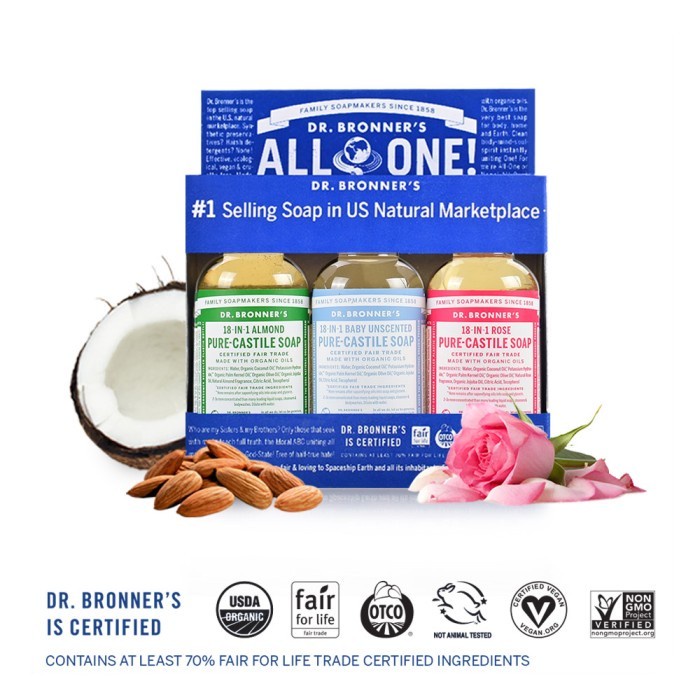 Dr.Bronner's Trial Kit Moisturize (Almond, Unscented, Rose)