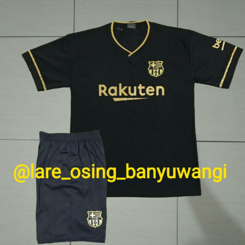 SETELAN DEWASA BARCELONA AWAY 2020 - 2021 HITAM JERSEY CELANA BARCA PRINTING LOKAL