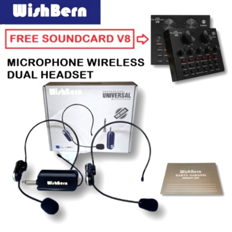 Microphone Wireless Dual Headset WishBern free SoundCard V8 mic 2 bando wireless