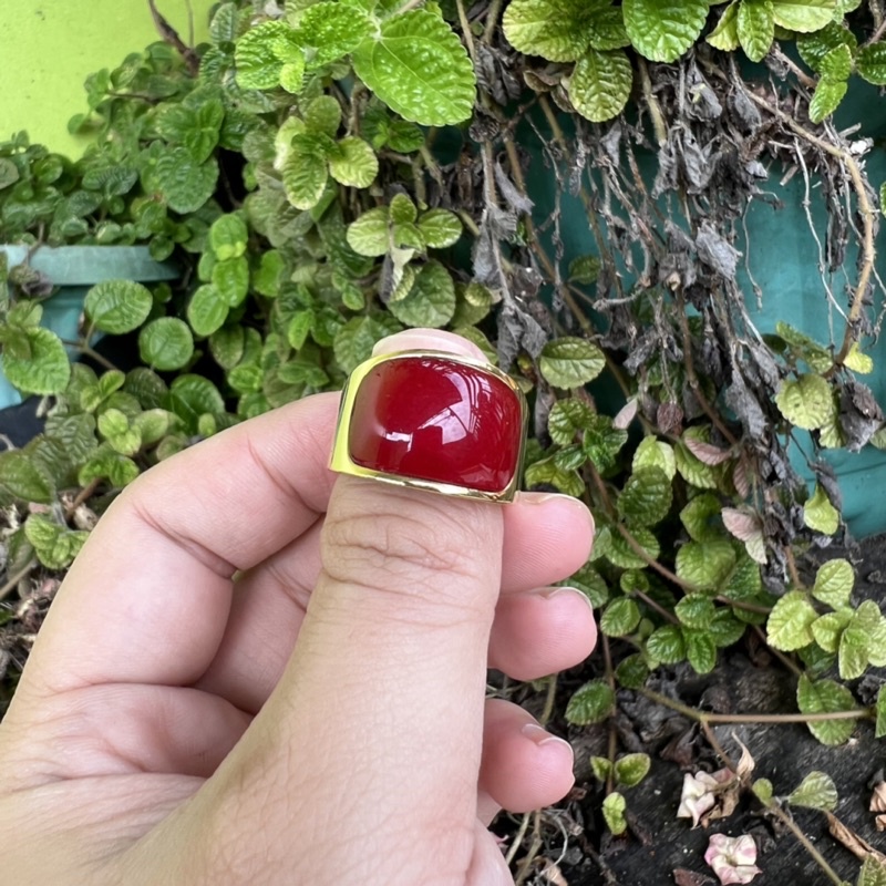 Cincin Red Opal Warna Merah Rubi Red Pigeon Ring Gold Titanium Stainless Steel Tahan Luntur Anti Karat