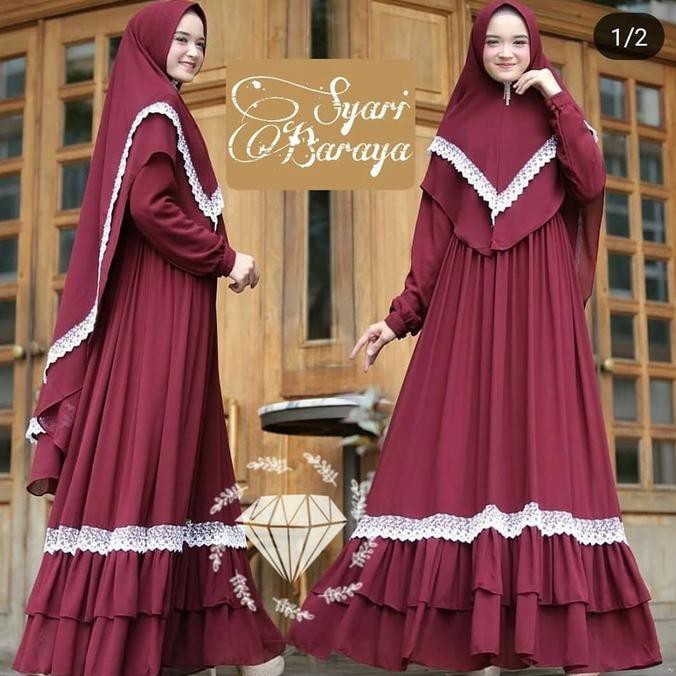 Gamis Renda Busui Syari Baraya Dm Bahan Full Moscrepe - Maron