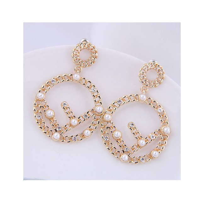 LRC Anting Tusuk Fashion Golden Earrings With Diamonds And Pearls A60086