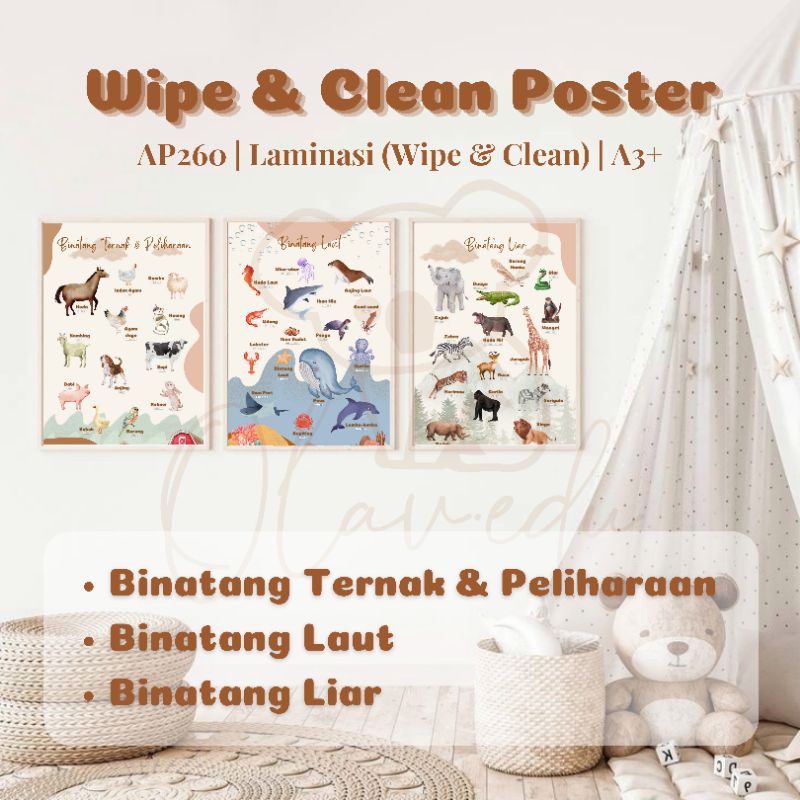 

POSTER WIPE AND CLEAN - SERI BINATANG AESTHETIC BOHO EDUKASI ANAK GAMBAR HEWAN BINATANG LAMINASI GLOSSY A3+ ART PAPER 260