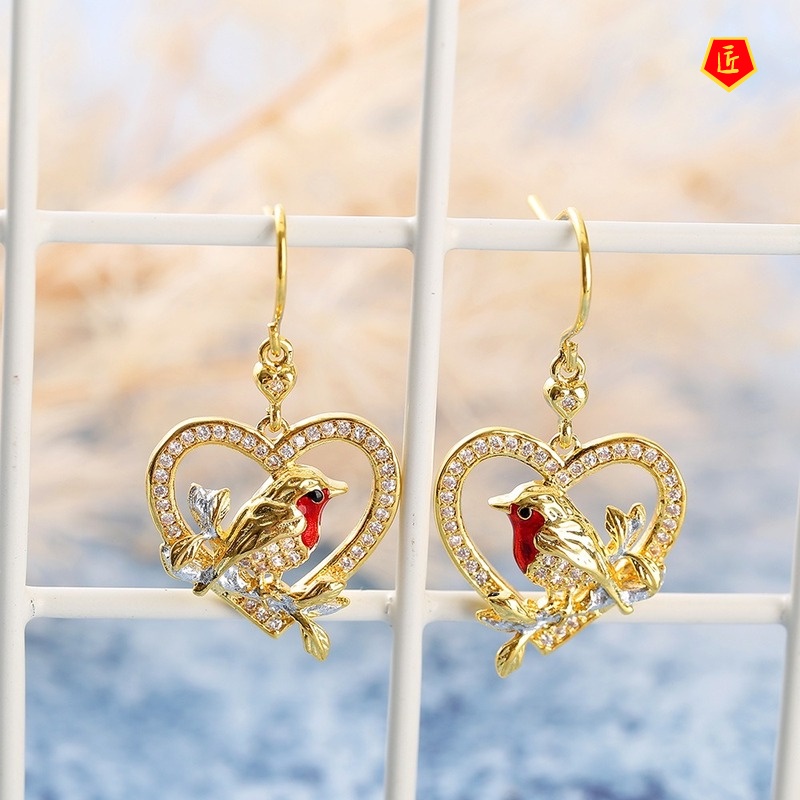 [Ready Stock]Creative Bird Heart-Shaped Diamond Earrings