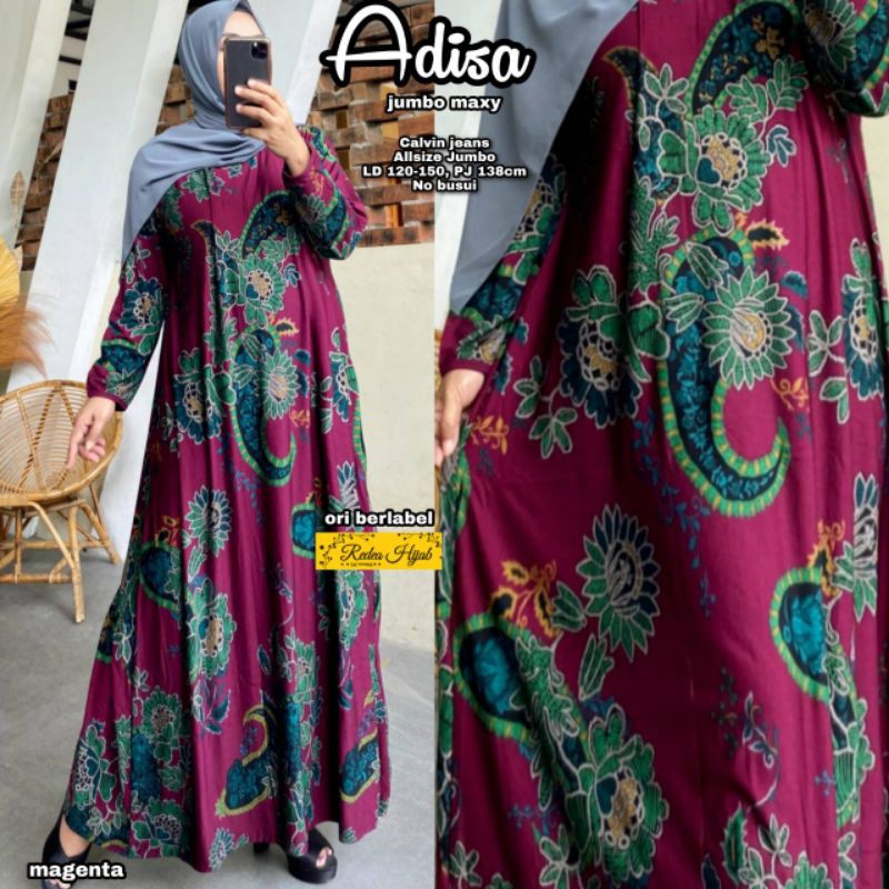 Gamis Jumbo Adisa Maxy 5L LD Maksimal 150 cm Panjang 138 cm Bahan Calvin Jeans Melar Motif Batik
