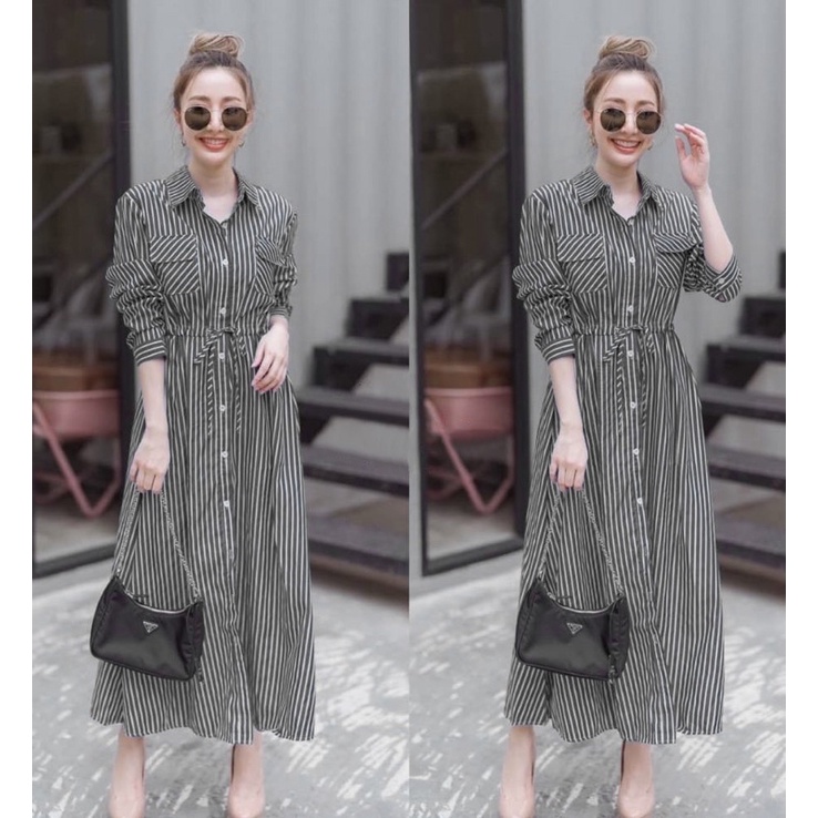 maxi dress shirt stripe korean design / maxy fashion salur-Dark grey