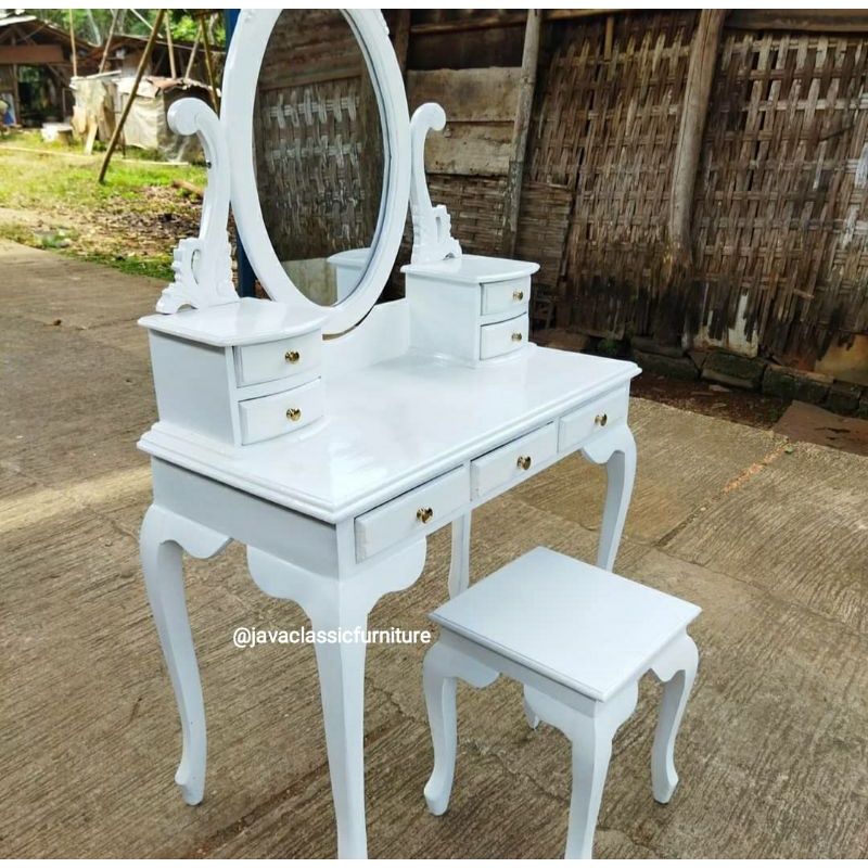 TOLET MEJA RIAS KARTINI FINISHING CAT DUCO PUTIH + KACA DAN PUK DUDUKAN MURAH KAYU JATI PRODUKSI FURNITURE JEPARA-1