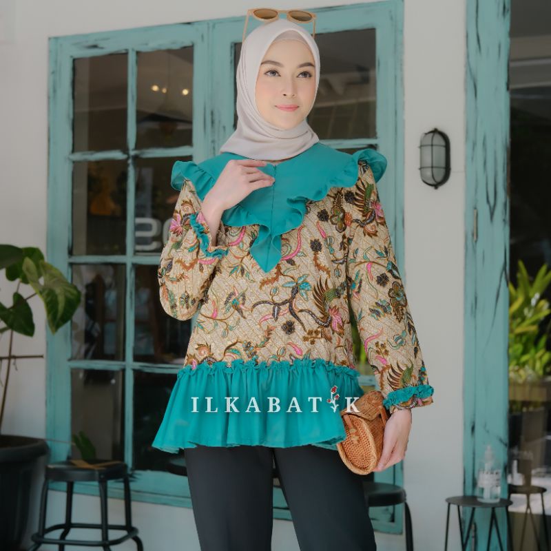 ILKABATIK Nesya Blouse Batik Busui Motif Daun Tosca Batik Kantor Wanita Modern Cantik