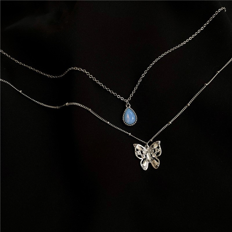 Kalung Rantai Klavikula Desain Double Butterfly Waterdrop Warna Biru