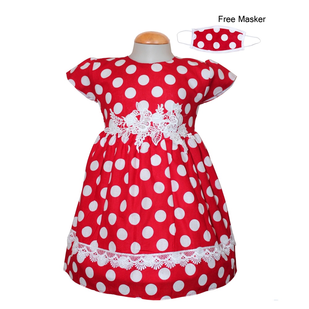 Dress Kids Monde/Pakaian Santai Anak Bahan Katun Polkadot / Midi Dress Renda Free Masker Kain
