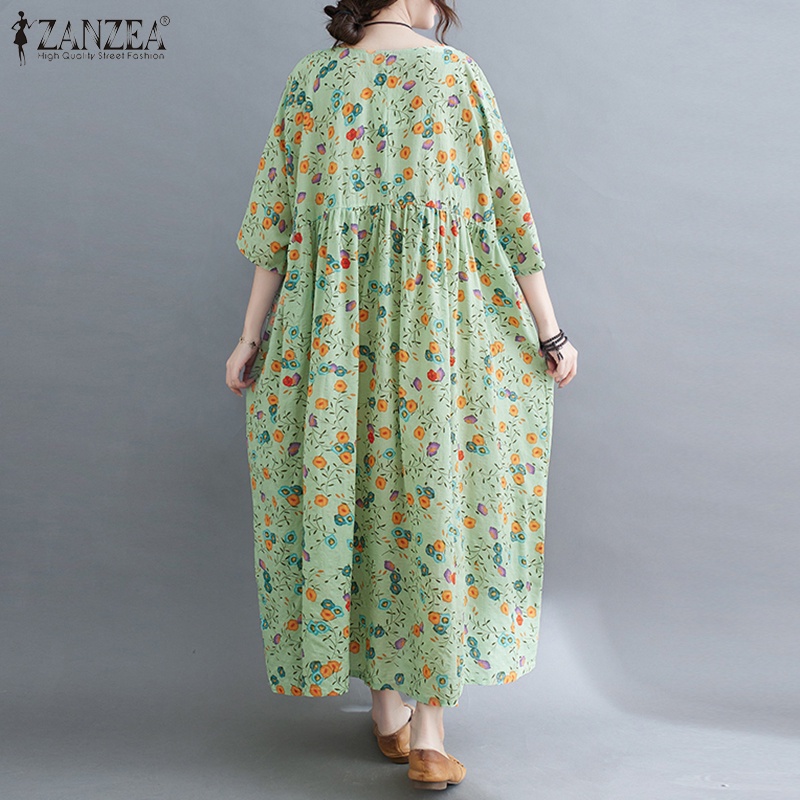 ZANZEA Women Fashion Casual Floral Printed Short Sleeve Holiday Loose Long Dress