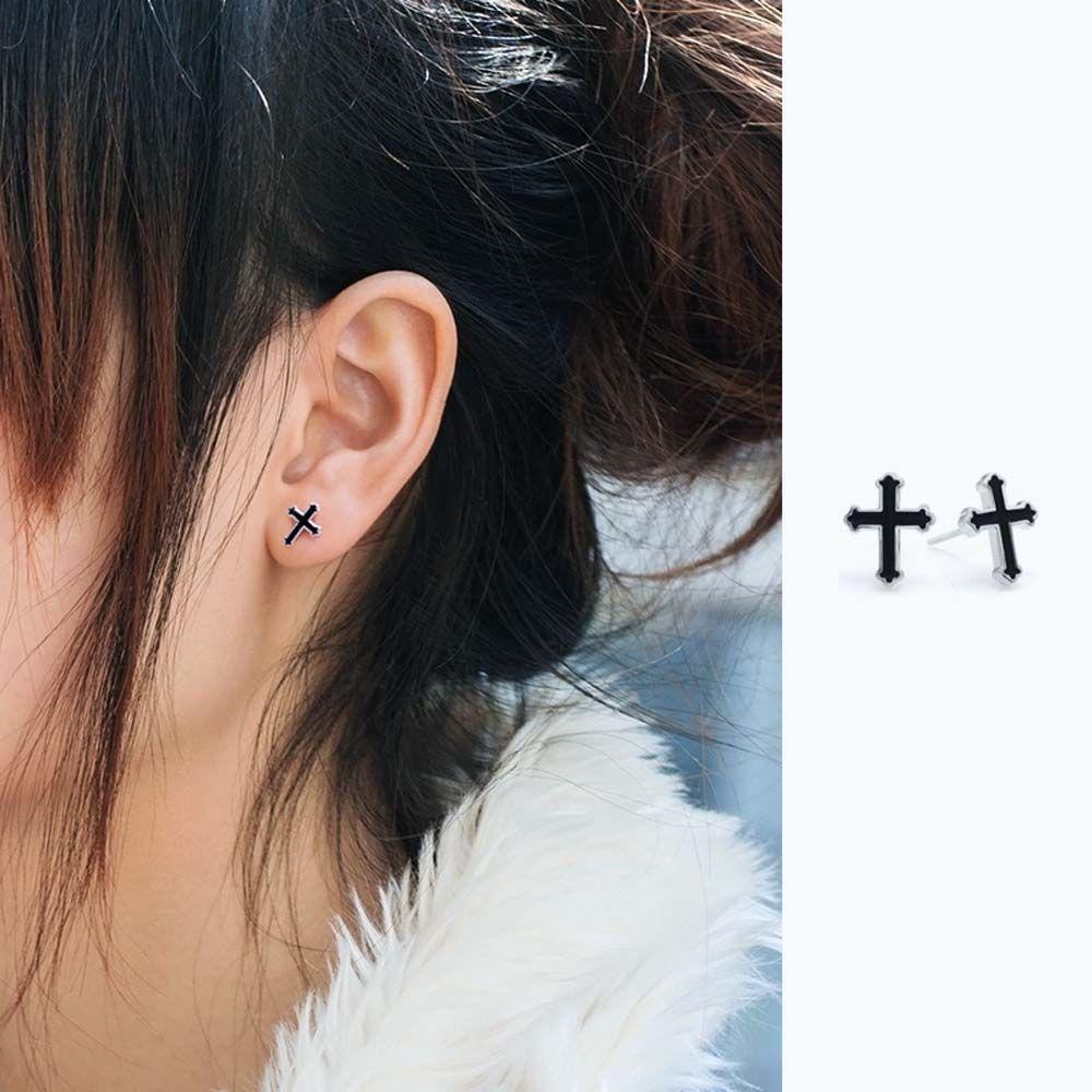 Mxbeauty Cross Ear Studs Gothic Vintage Cross Shaped Punk Warna Perak Kepribadian Pria Punk Earrings