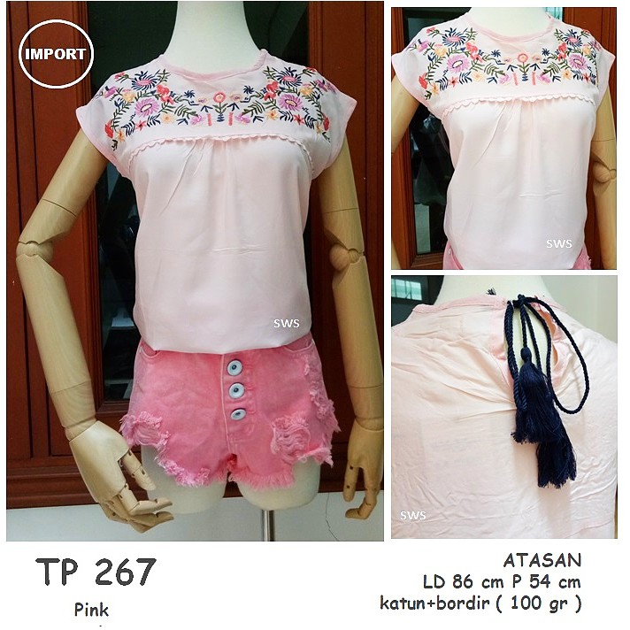 TP267 - BAJU ATASAN WANITA KATUN BORDIR BUNGA IMPORT MURAH