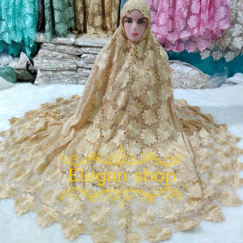 Mukena Prada Sutra Paris Renda Matahari Renda Besar Mewah Swarovski Premium Bahan Prada Sutra Paris 