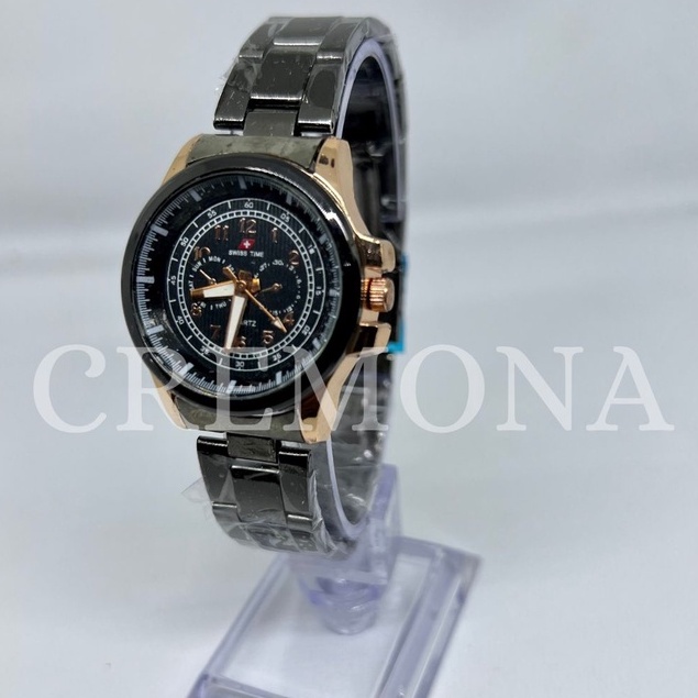 BISA COD! Jam Tangan Swiss Time Casing Kecil Kombinasi Tali Rantai Hitam Termurah Mewah Berkualitas Elegan BONUS BATERAI CADANGAN!