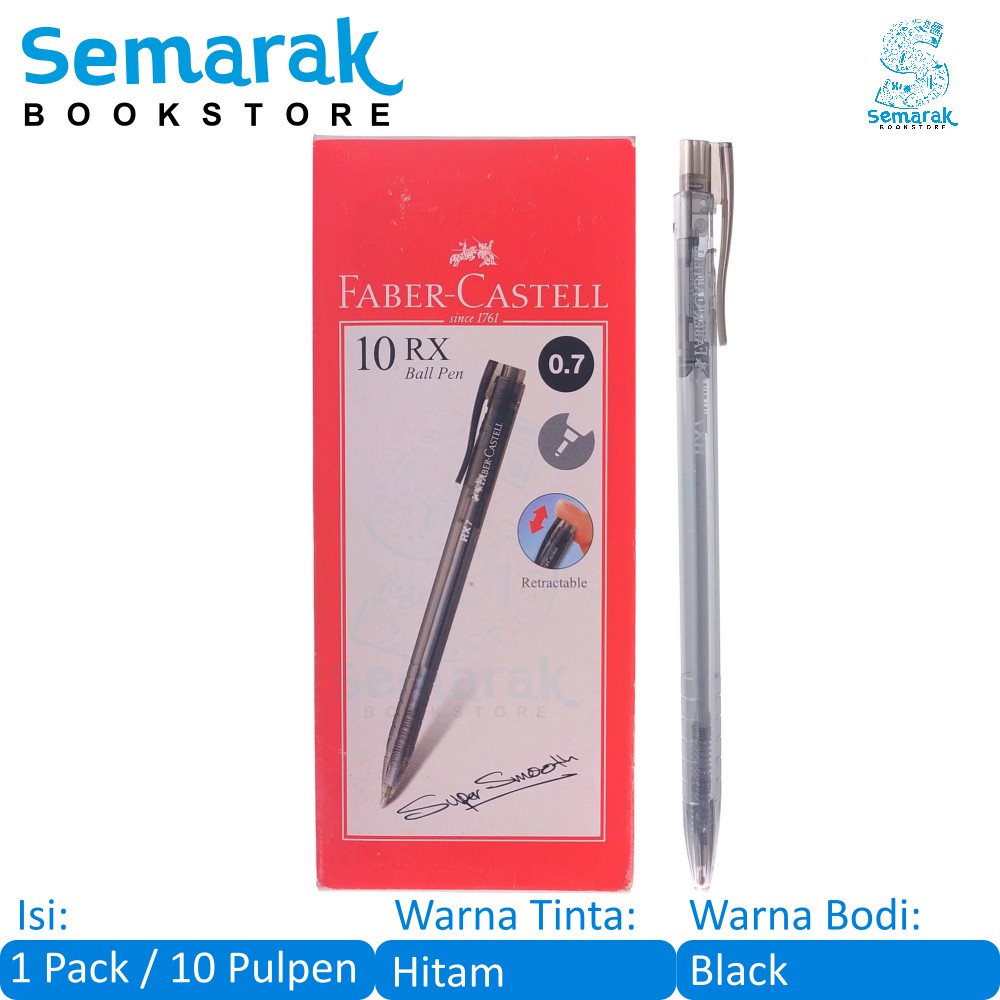 

Faber Castell 10 RX Ball Pen Retractable Pulpen Cetek Halus 0.7 - Black [1 Pack/10 Pulpen]