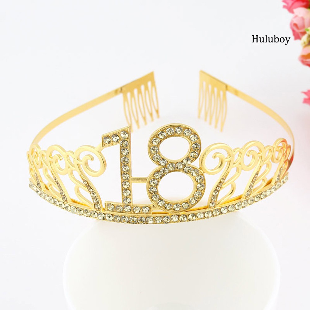 HLB~10/18/21/30/40/50 Birthday Party Tiara Rhinestone Headband Hair Loop Crown Decor