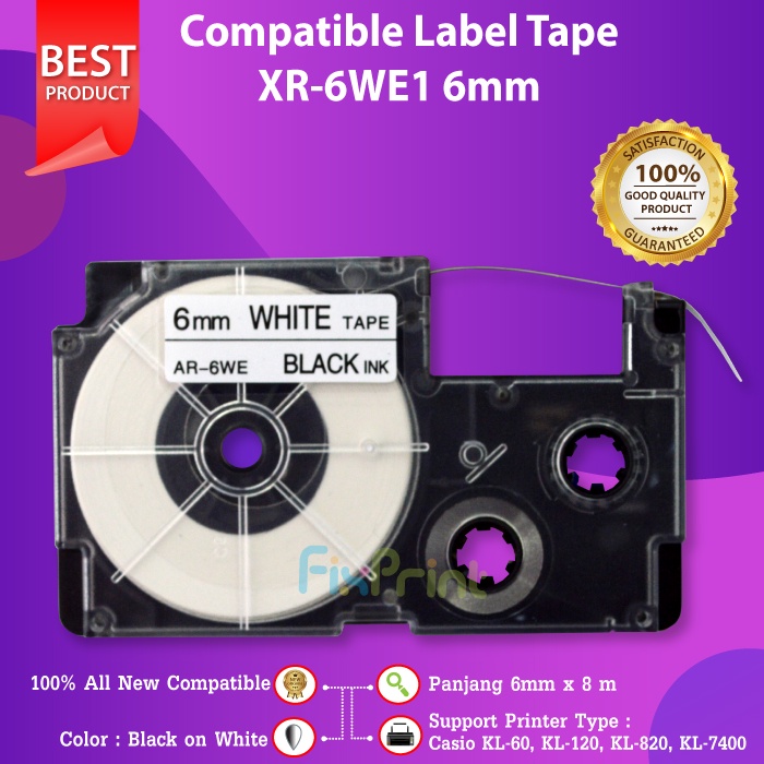 Compatible Label Tape Casette XR-6WE1 XR-6 Black On White 6mm, Printer Casio KL-60 KL-120 KL-820 KL-7400